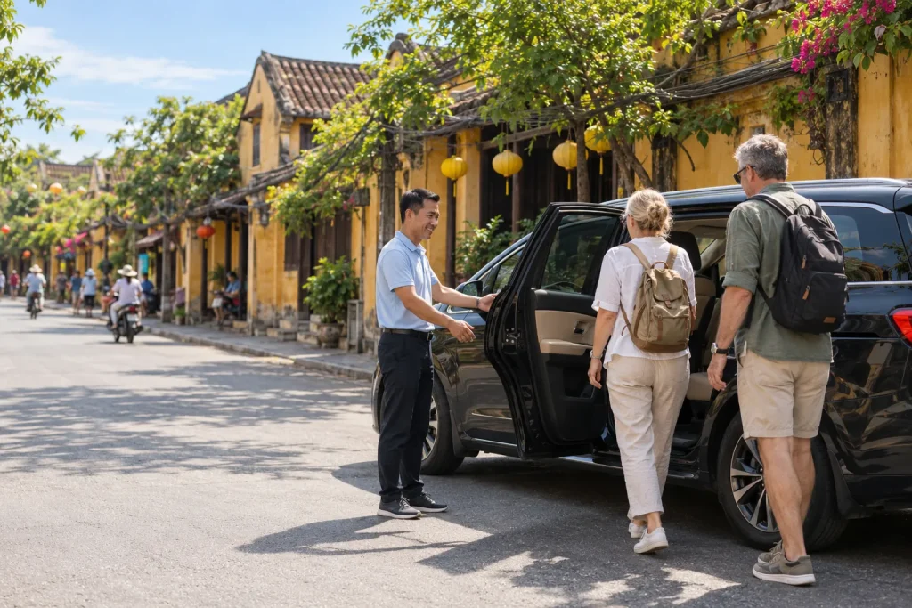 Private car with driver waiting near Hoi An Ancient Town for cruise guests